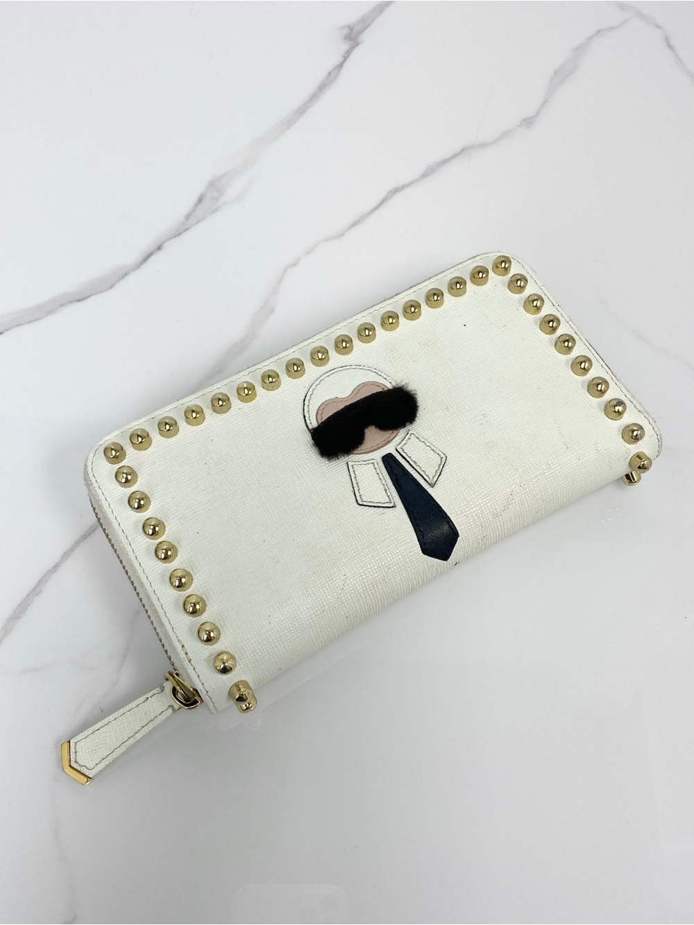 Fendi White Leather Karlito Zip Around Continental Wallet